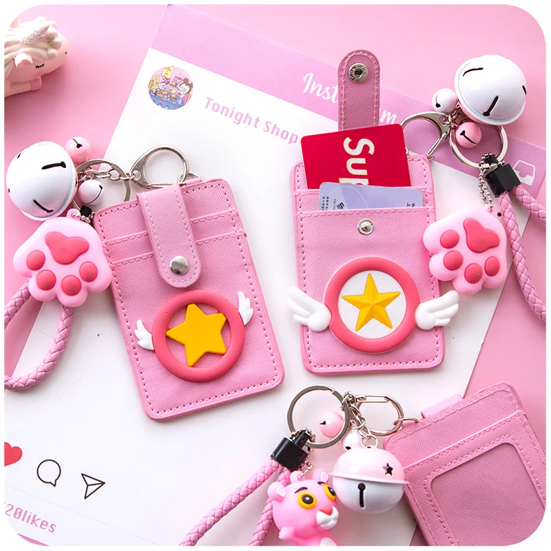 

Korean Creative Lovely Heart Bus ID Card Holder Cover Protective Set for Women Girls Student with Keychain Cute Bear Paw Pendant