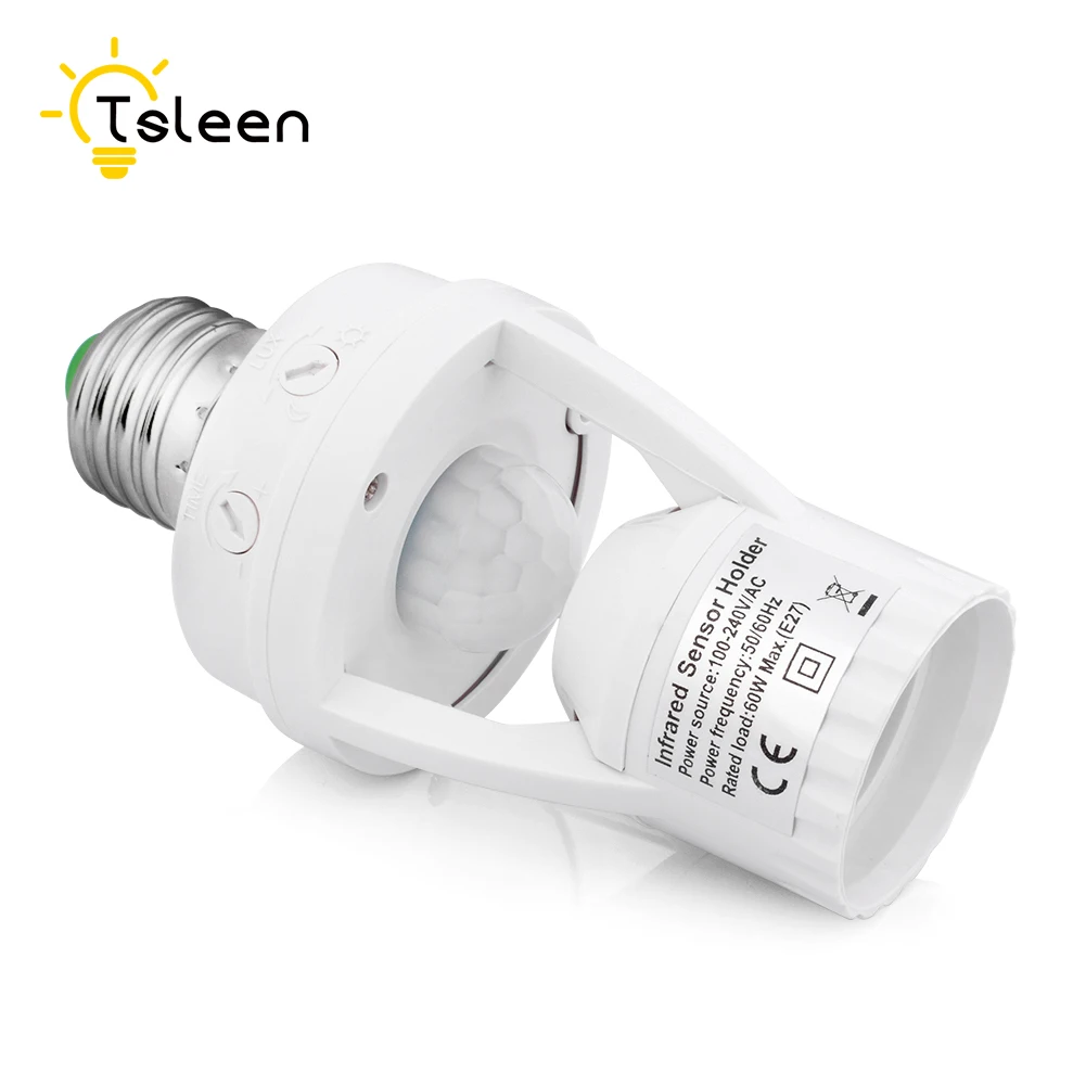 

TSLEEN Ajustable 360 Degrees PIR Motion Sensor IR Infrared Human E27 Plug Socket LED Light Control Switch E27 Base Lamp Holder