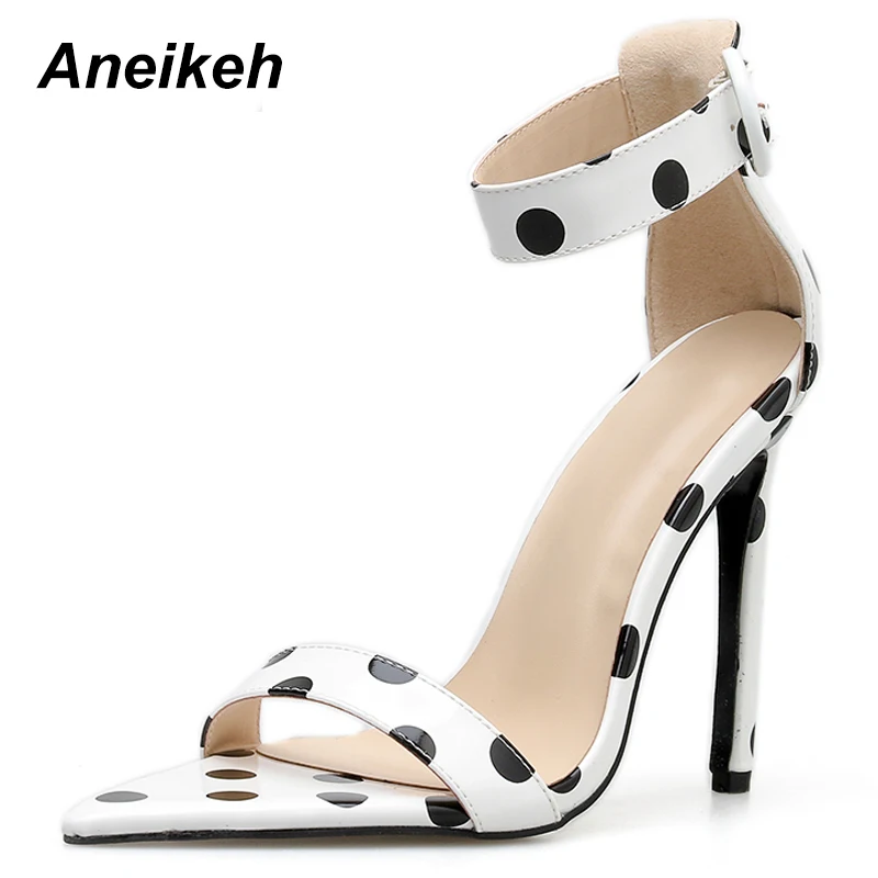 

Aneikeh 2019 Fashion PU Sandals Women Summer Thin High Heels Gladiator Polka Dot Buckle Solid Shallow Cover Heel Wedding 35-40