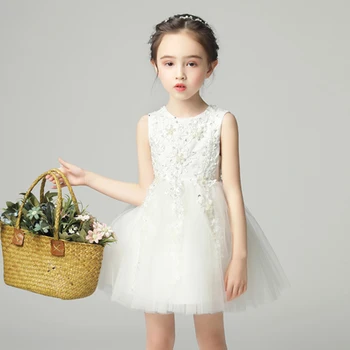

Robe White Princesse Beads Ball Gown Sleeveless Sequins First Communion Dresses Children Short Prom Flower Girl Mesh Dress