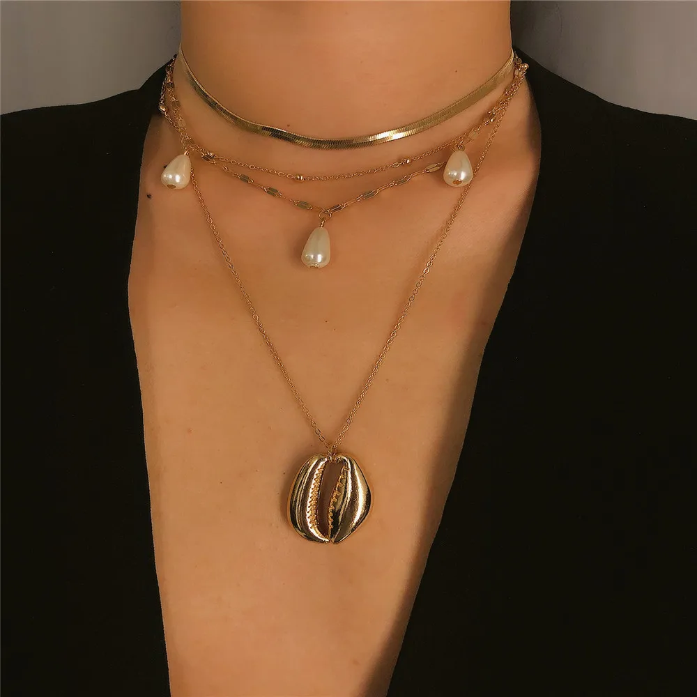 

New Boho Multi-layer Artificial Pearl Shell Snake Chain Pendant Long Necklace For Women Vintage Party Fashion Necklaces Jewelry