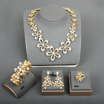 

Dazz New Luxury Big Flower Nigerian Bride Hollow Out Necklace Earrings Ring Bangle Set Fine Zircon Gold Color Dubai Jewelry Sets