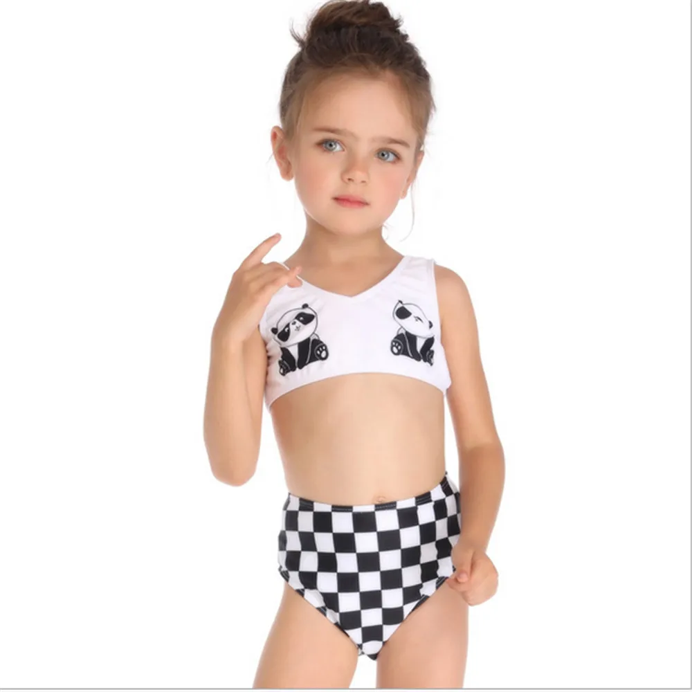

2019 NEW Mom Baby Girl Parent-child Swimwear Cute Black And White Plaid Panda Style Beach Swimsuit Bodysuit