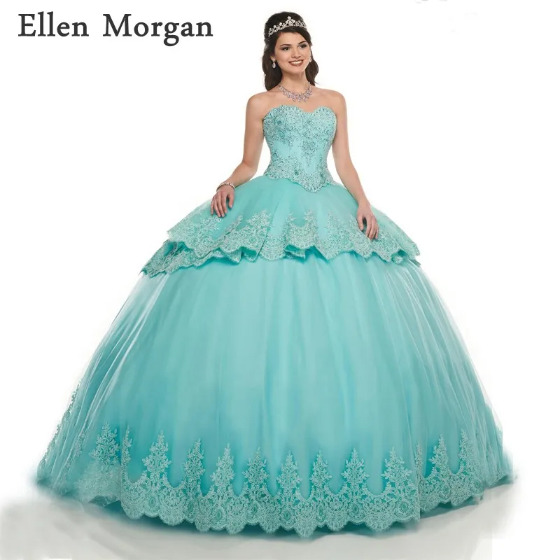 

Light Blue Elegant Ball Gowns Quinceanera Dresses 2019 Lace Tulle Floor Length Princess Sweet 15 16 Prom Gowns for Pageant