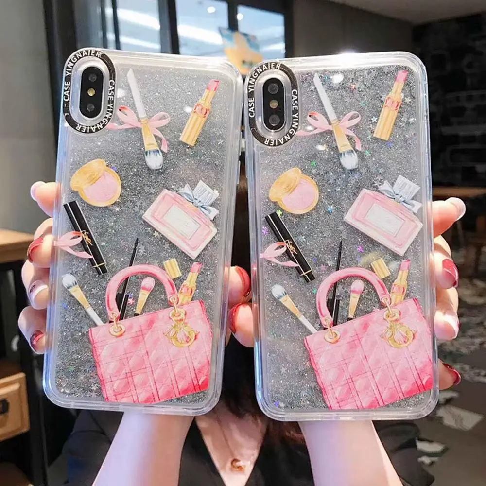 

Luxury Cosmetic Pattern Quicksand Phone Case For iPhone 6 6S 7 8 Plus XS Max XR XS Bling Glitter Shockproof Hard Back Case Cover