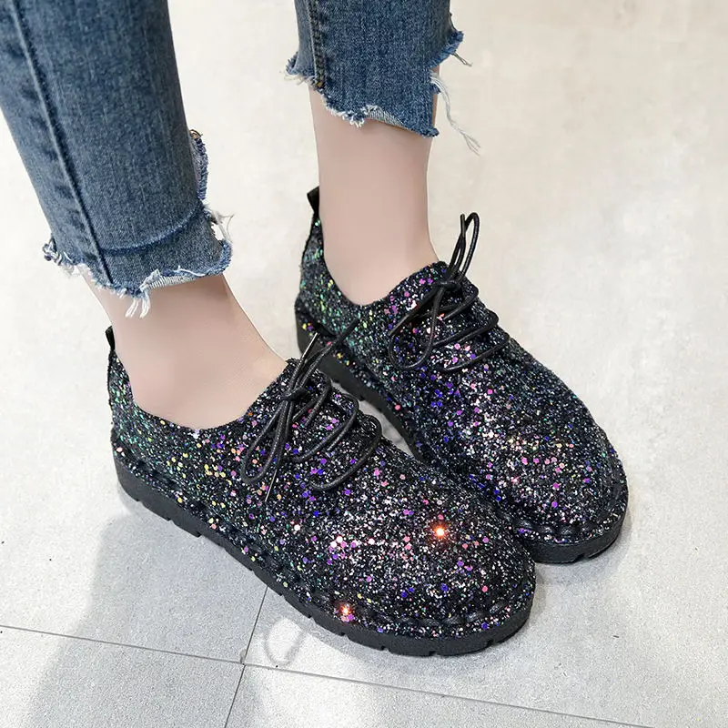 

YOUBROER Spring and Autumn New Style Round Head Gradient Sequin Flat Bottom Casual Lace-up Women's Shoes Single Shoes