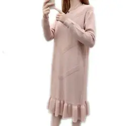 Зимние Для женщин трикотажное мини-платье 2019 Новый оборками средней длины свитер и пуловеры женский o-образный вырез свободное платье с