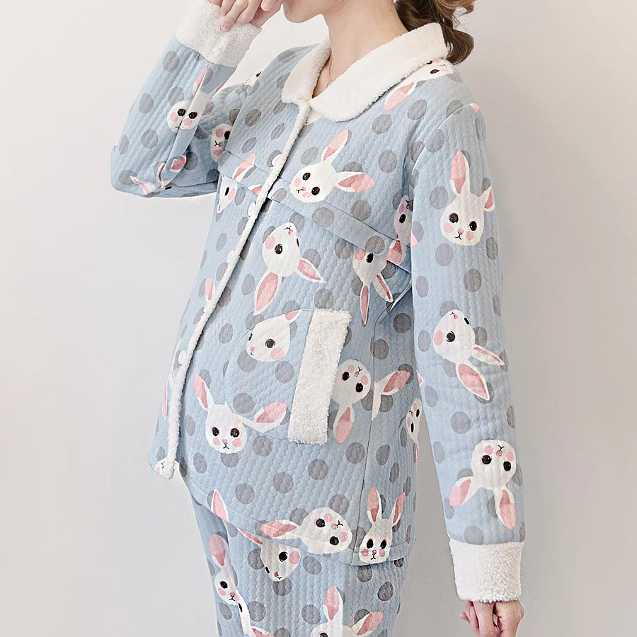 

Autumn Winter Rabbit Cartoon Print Women's Nursing Pajamas Flannel Long Sleeve Breastfeeding Clothes Cute Simple Home Wear Suits