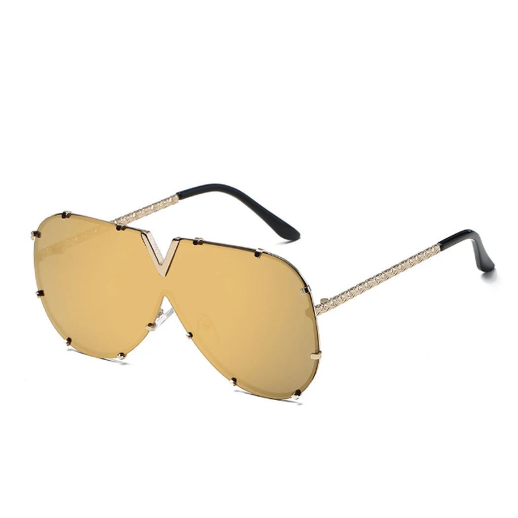 Модные солнцезащитные очки больших размеров с v-образным вырезом для мужчин и женщин, зеркальные солнцезащитные очки для вождения, роскошные брендовые крутые солнцезащитные очки с металлической оправой UV400