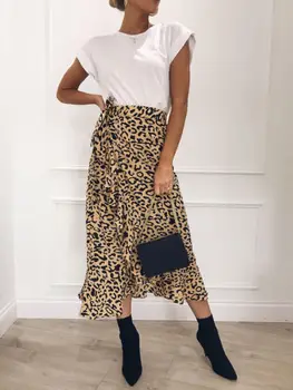 

2019 New Summer Sexy Women Lace Up Skirts arrival High Waist Ruffles Loose Slim Long Wrap Skirt Ladies Leopard Outwear Clothing