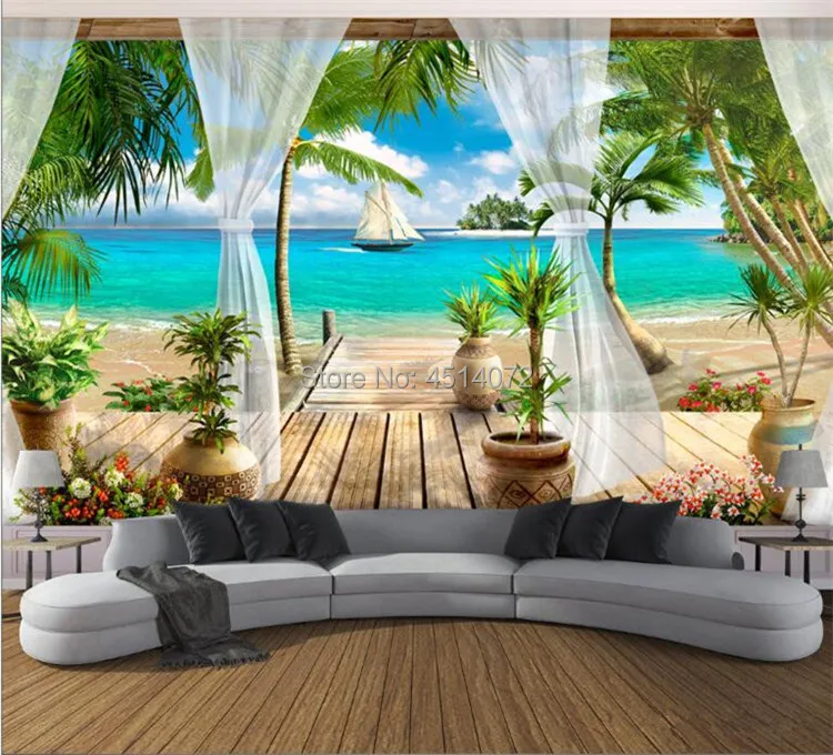 Пользовательские 3D фото обои балкон песчаный пляж вид на море 3D гостиная диван спальня ТВ фон Настенная Обои домашний декор