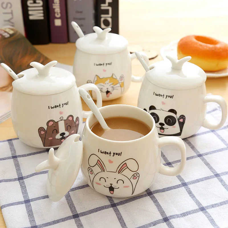 Gllead Creative Cute Animal Expression Ceramic Coffee Mug Cartoon Gllead Creative Cute Animal Expression Ceramic Coffee Mug Cartoon Image Milk Breakfast Cups Porcelain With Lid And Spoon In Mugs From Home Garden