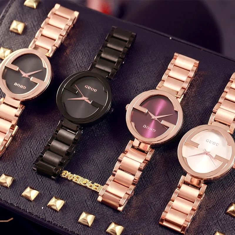 Модные Guou брендовые уникальные женские роскошные розовое золото сталь кварцевые наручные часы Relogio Feminino женские роскошные женские часы