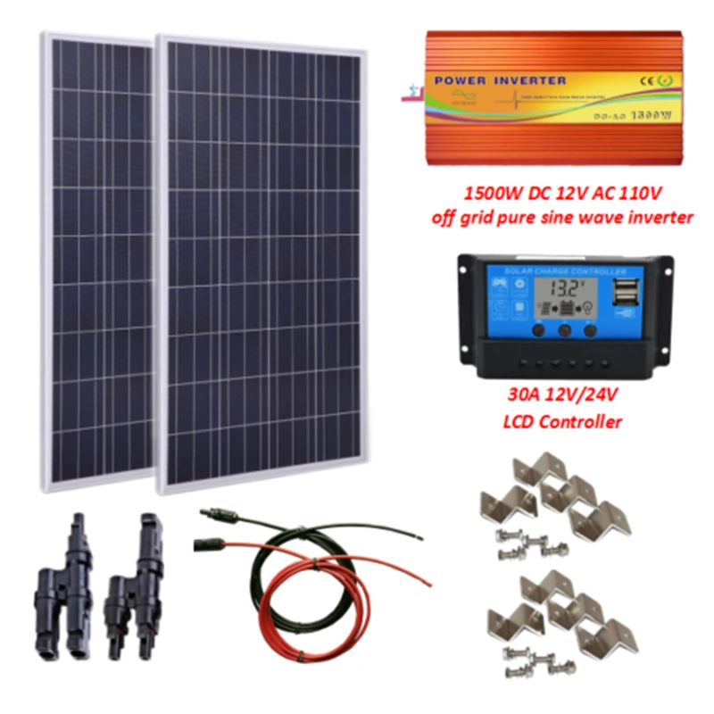 

200W Solar Panel Kit : 2 x 100W Poly Solar Panel W/ 30A Controller+1500W Inverter+5M Cable+1Pair MC4 cable connectors+Z brackets