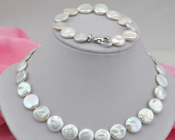 

huij 004062 17"15mm coin white freshwater pearl necklace 8" bracelet