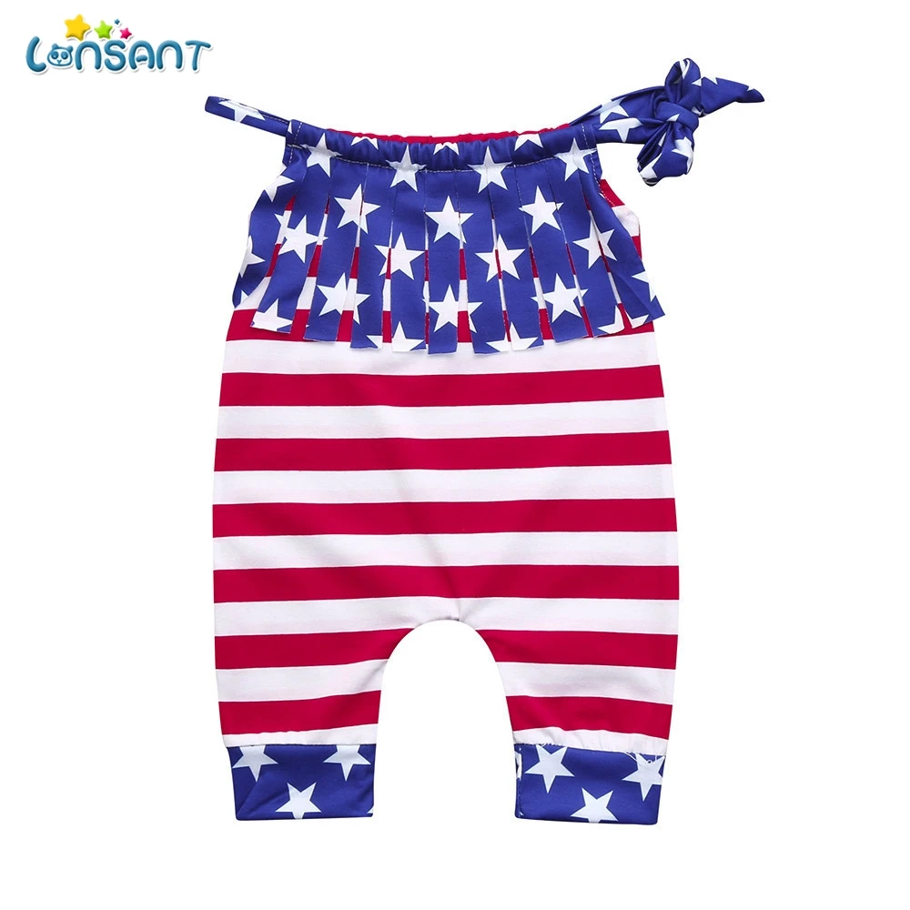 

LONSANT 2018 New Summer Newborn Baby Girls Red Star Print 4th Of July Romper Overall Striped Straps Clothes for 0-24M baby