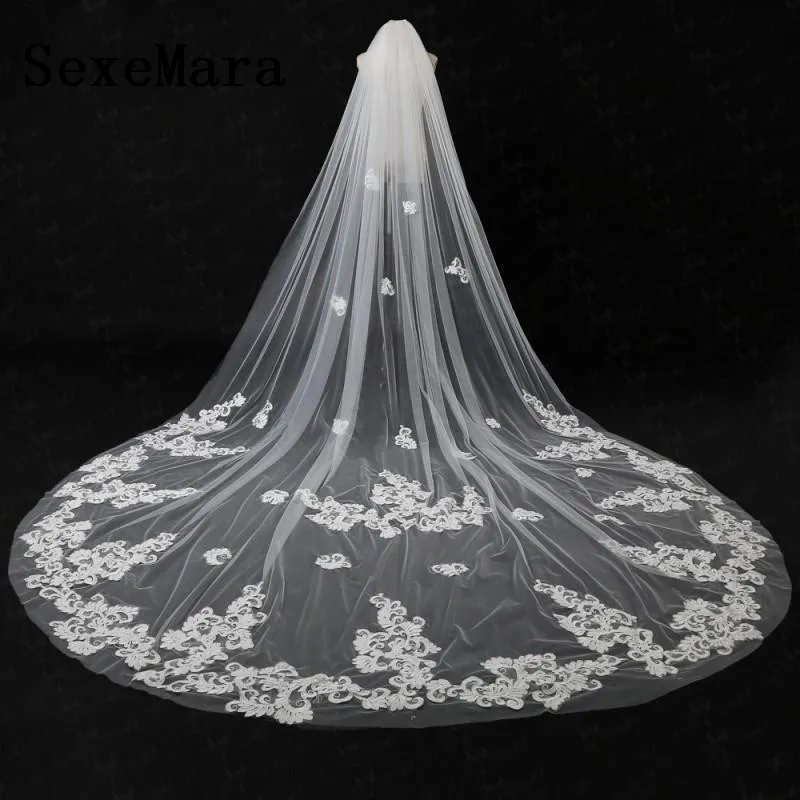 

New White Bridal Wedding Veils Cathedral Length 3M Long One Tier Applique Wedding Accessory Veil With Comb Custom Made