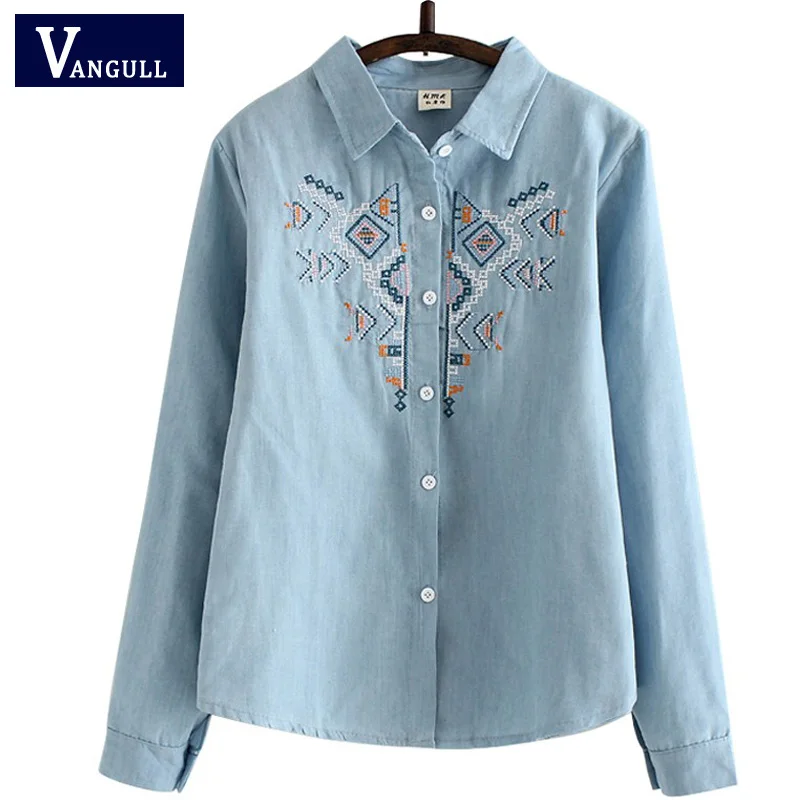 Denim Shirt Embroidery 2017 Spring Autumn Women Blouses Tribal Style