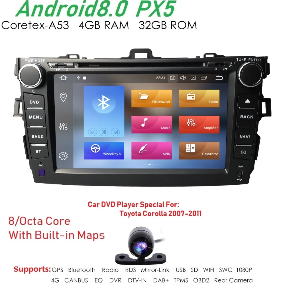 

NEW !Car DVD GPS 2Din Android 8.0 PX5 Display For Toyota corolla 2007-2011 in-dash car radio with BT USB SD GPS Navi Camera DAB+