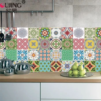 

Morocco Style Colorful Retro Tiles Wall Sticker Kitchen Bathroom Tile Waist Line Wallpaper PVC Waterproof Waist Line Art Mural