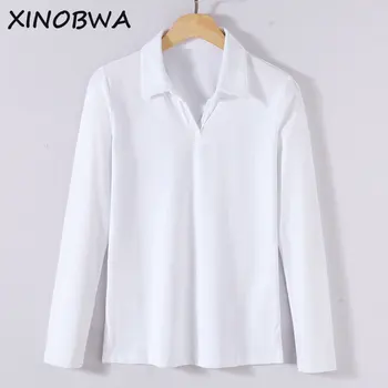 

New 2018 Autumn Women Fashion Turn Down Collar Long Sleeve Solid Cotton Split T Shirt Tops Female Casual Plus Size Shirts Tees