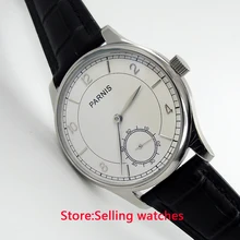 44 мм Parnis 6498 наручные часы с белым циферблатом и кожаным ремешком