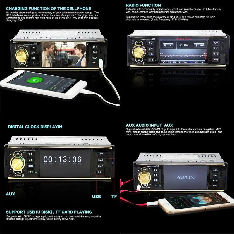 

12V 4.1in OLED Screen Bluetooth Car Stereo MP5 Audio Video Player FM Radio USB Charger AUX Support SD Card Model 4019B