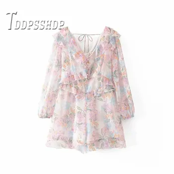 

2019 Tulip Ruffles Women Jumpsuit Fashion Spring Long Sleeve V Neck Female Playsuit