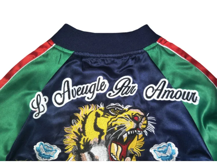 Women Bomber Jacket Coat Reversible Baseball Jackets Sukajan Vintage Tiger Head Embroidered Winter Pilots Outerwear