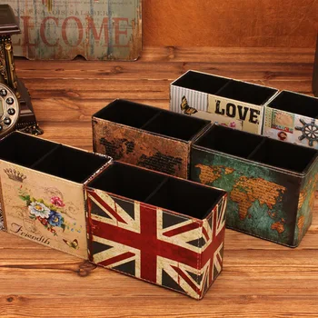 

1Pc Creative Old Leather Retro Pen Holder Multifunction Stationery Storage Compartments PU Office Desk Organizer Home Decoration