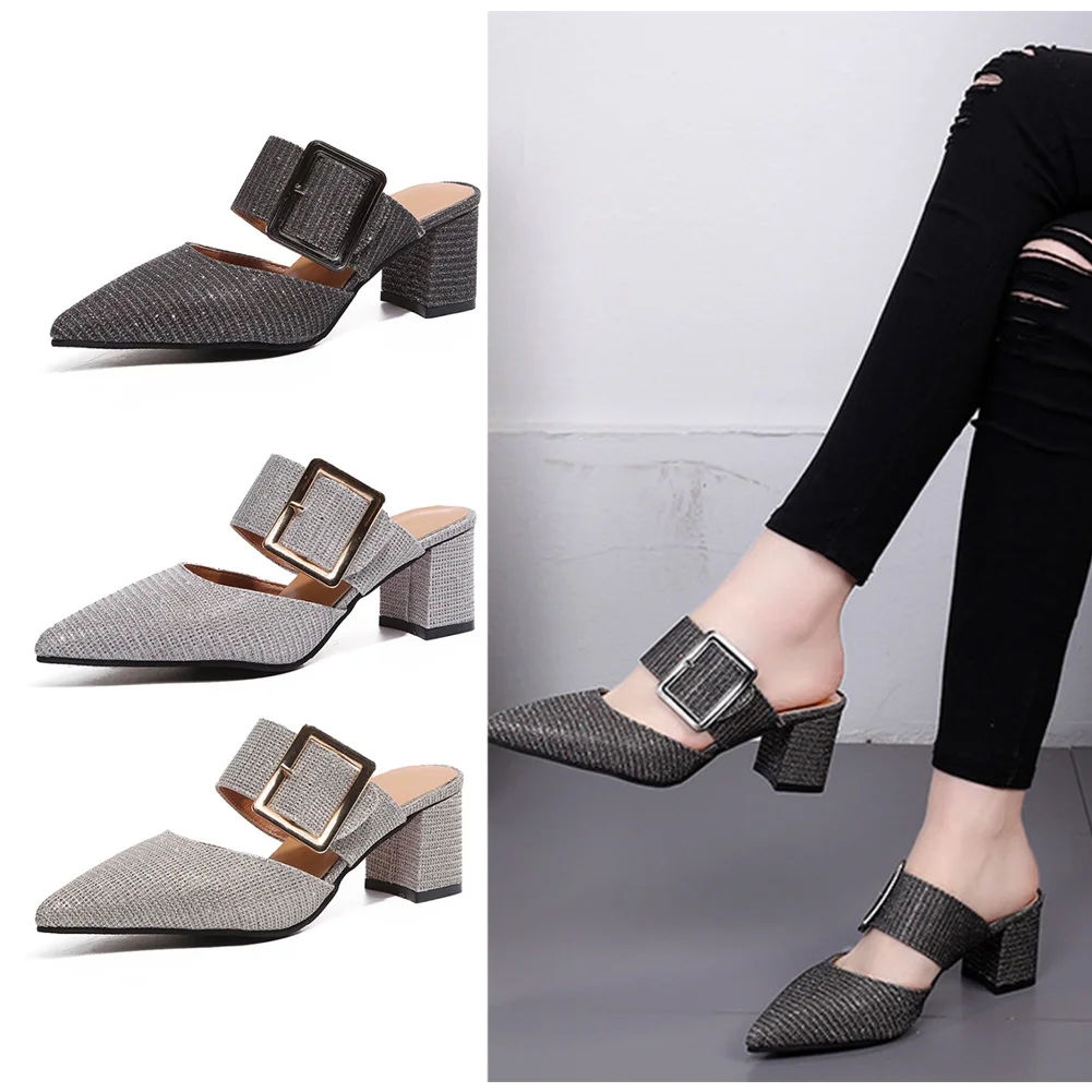 

New Women Bling Rhinestones Mules Sandals Low Heel Comfy Shoes Square Heel Shoes Pointed Slides Ladies Summer Sandals