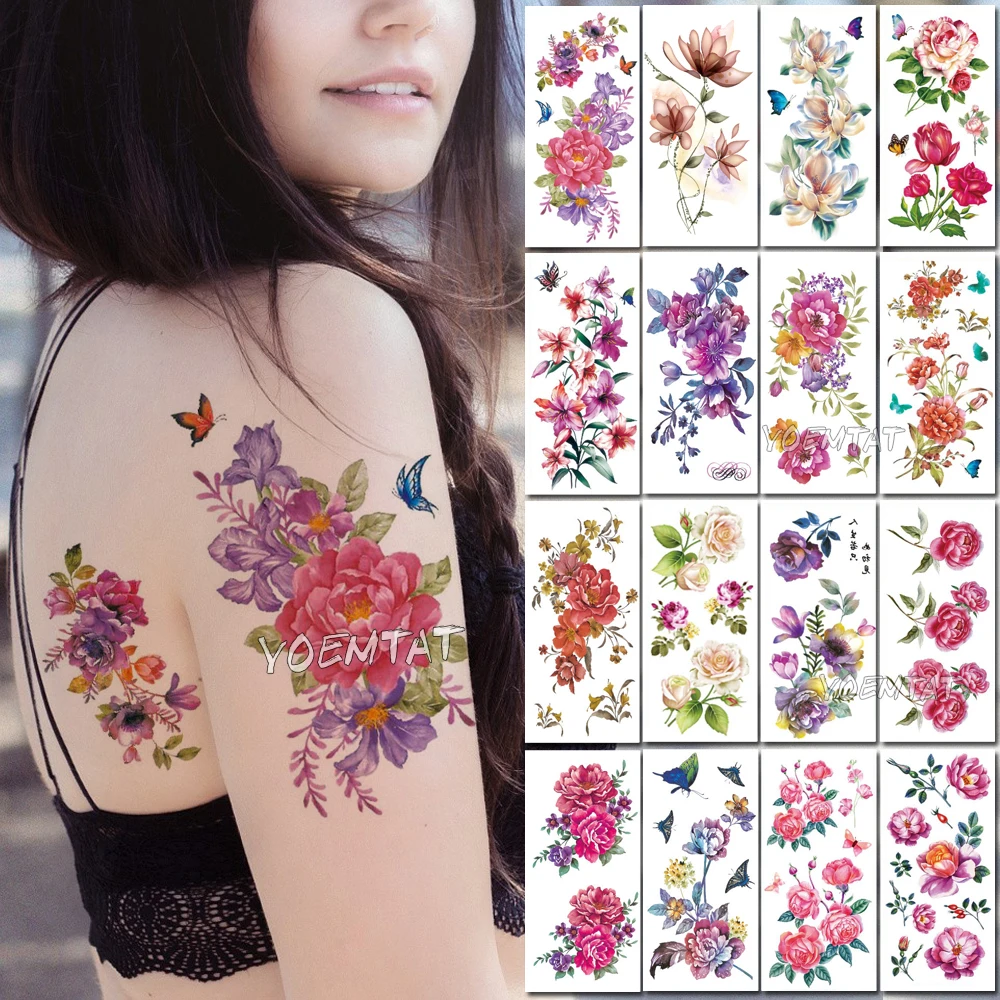 

Large Flower Waterproof Fake 3D Rose Temporary Tattoos Dasiy Lily Kids Tattoo Sticker Girls Fake Arm Neck Jewels Tatoo Body Arm