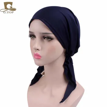 

Women Solid Pain stretchy Pre-Tied head Scarf Head wrap scarves Cancer Chemo cap Bandanas Chemo Hat