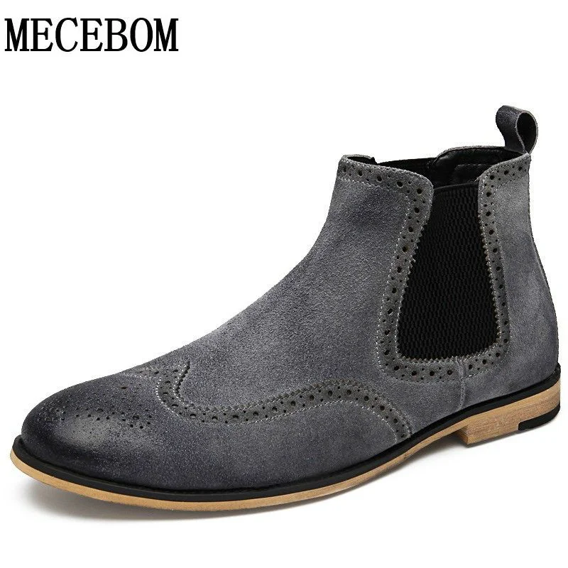 Men's chelsea boots new autumn brogue style split leather shoes slip on men ankle boots