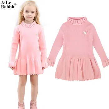 

AiLe Rabbit Autumn Winter Girls Dress Long Sleeve Sweater Dress Corsage Loudspeaker Sleeves High Quality Brand Pink Red k1