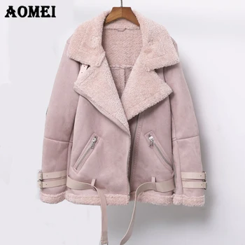 

Winter Warm Coat Flocking Jackets Women Zipper Motorcycle Faux Soft Leather With Waist Belt Female Cool Coats Slim Street Wear