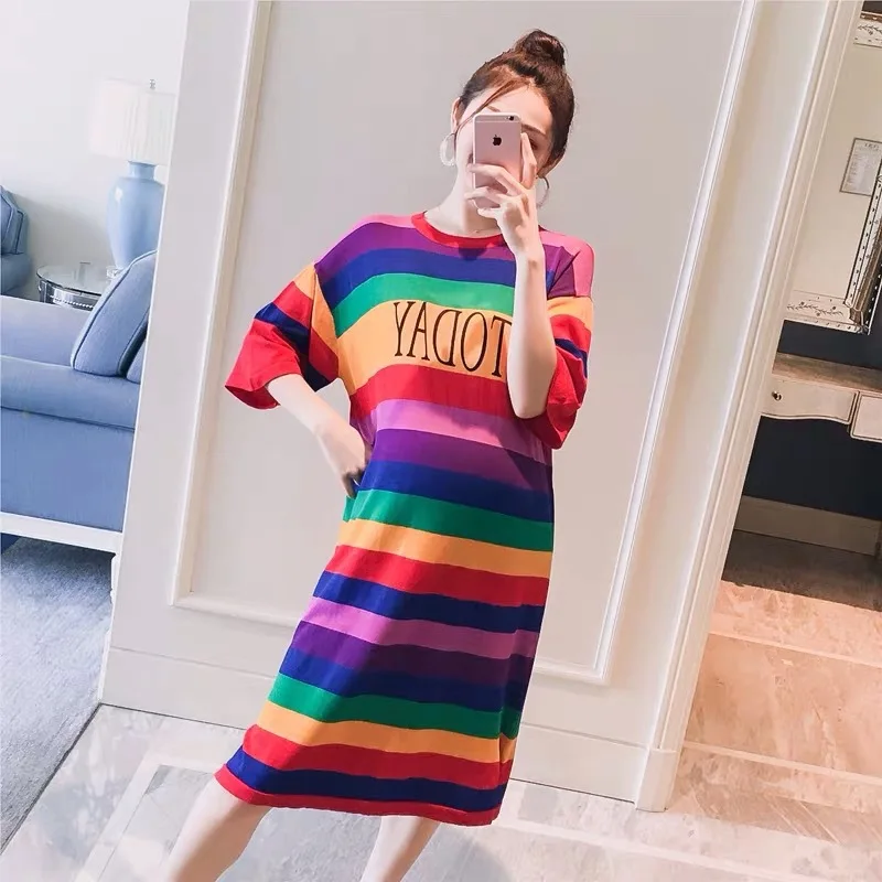 

Envsoll 2019 Summer Maternity Dress Cascul Loose Stretch Rainbow Striped Dresses for Pregnant Women Knit Pregnancy Clothes