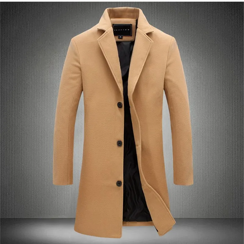 Мужской Тренч, новинка, модное удлиненное простое роскошное шерстяное пальто, зимнее однобортное ветрозащитное тонкое пальто, мужской Тренч, 5XL