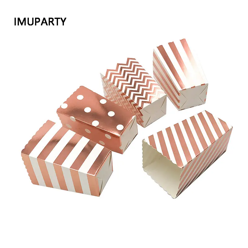 

12pcs Metallic Rose Gold Popcorn Box Striped Dot Wedding Decorations Birthday Party Candy Box Dessert Containers for Treats