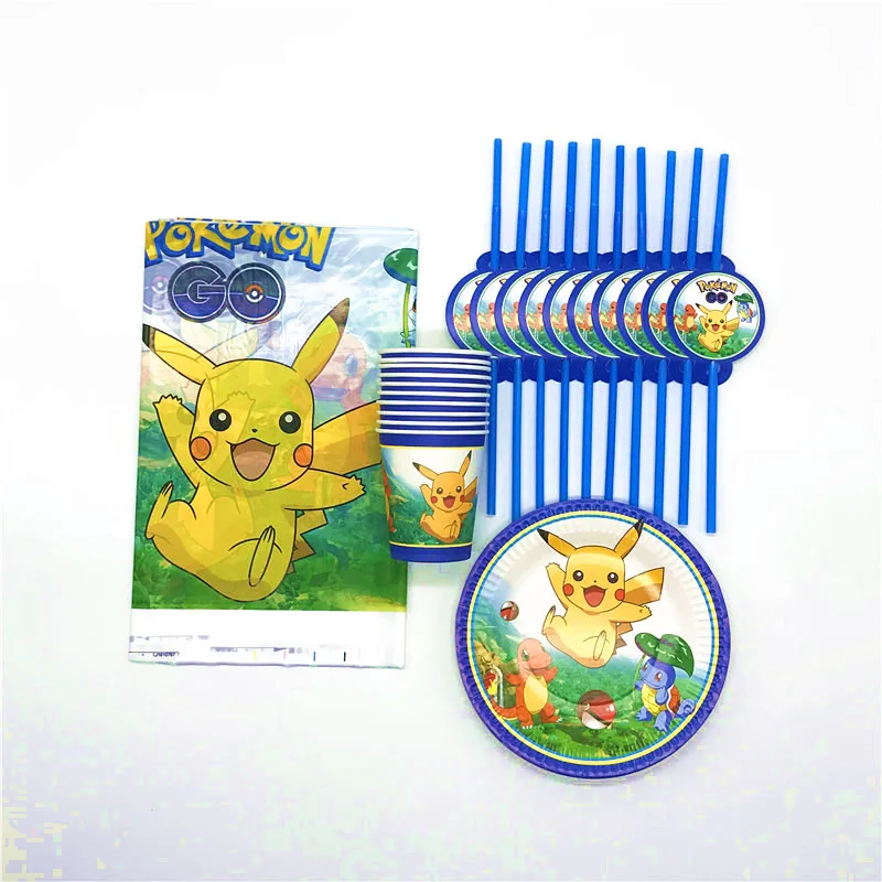 

31Pcs Pokemon Go Cartoon Theme Kids Birthday Wedding Family Party Tablecloth Straws Plates Cups Party Supplies 10People Use