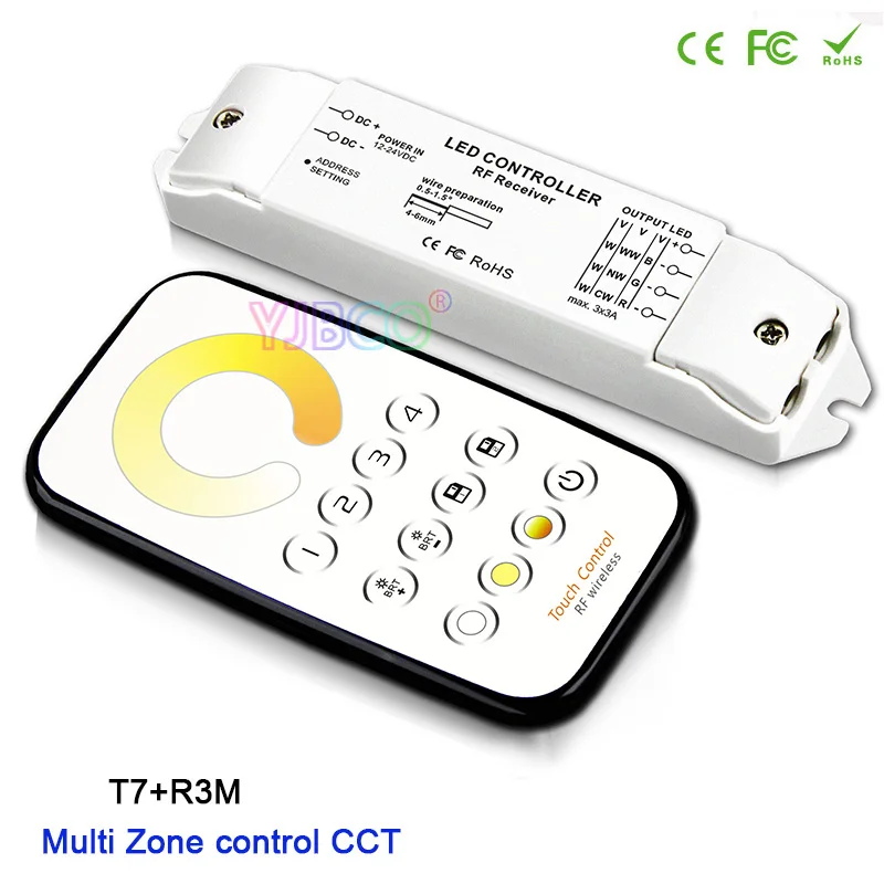 

BC T6/T7/T8+R3M DC12V 24V Multi Zone dimming/CCT/RGB Max 3x3A RF wireless remote with Receiver controller for LED Strip Light