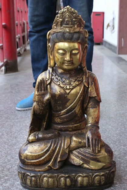 

bi003185 22" Folk Chinese Copper Bronze Gilt Temple Seat Kwan-Yin Guan Yin Buddha Statue