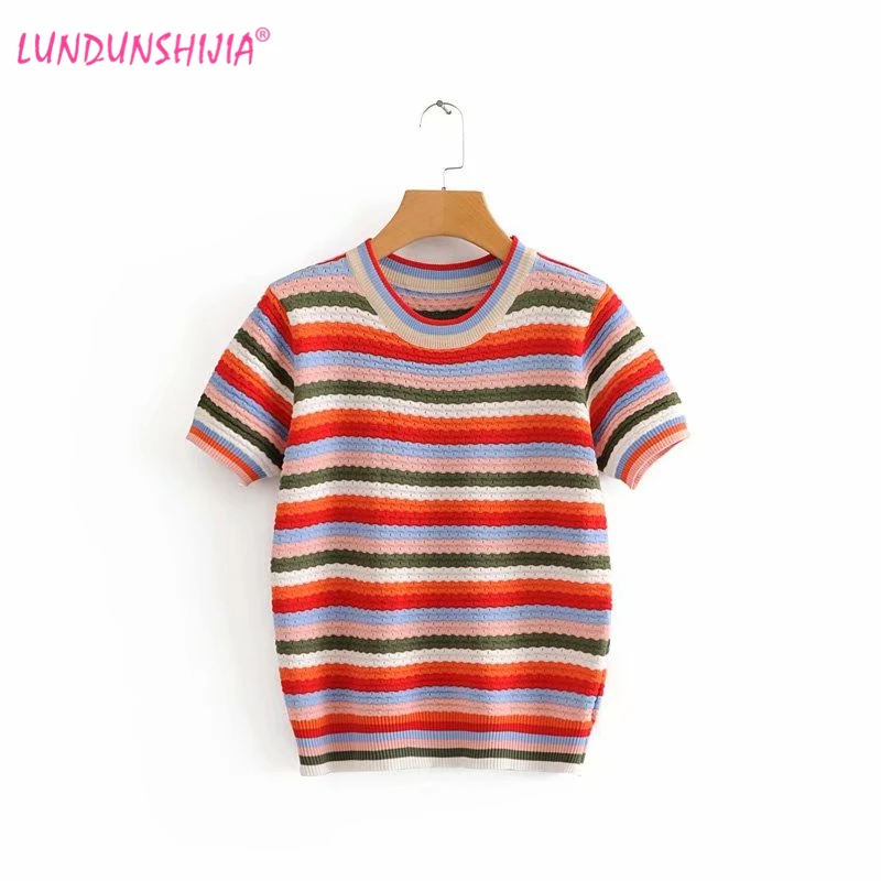 

LUNDUNSHIJIA 2018 Summer Autumn T-shirts For Women Jacquard Knitted Rainbow Striped Tops Femme O-neck Short Sleeve Pullovers