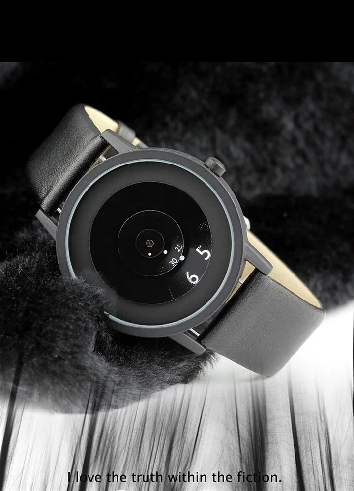 Креативные Часы без указателя, модные повседневные мужские женские кожаные кварцевые часы, уникальный дизайн циферблата, черные наручные часы унисекс