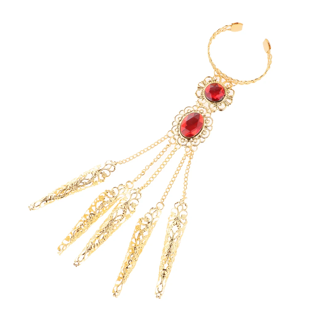 Stylish Belly Dance Gypsy Egyptian Indian Gold Bracelet Finger Nails Red Gem Hand Jewelry for Stage Performance