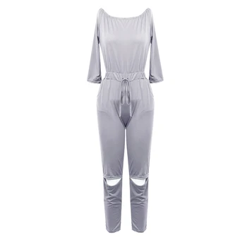 

Women fashion casual holes jumpsuit ladies long sleevel off shoulder solid drawstring slim Jumpsuit Romper trousers