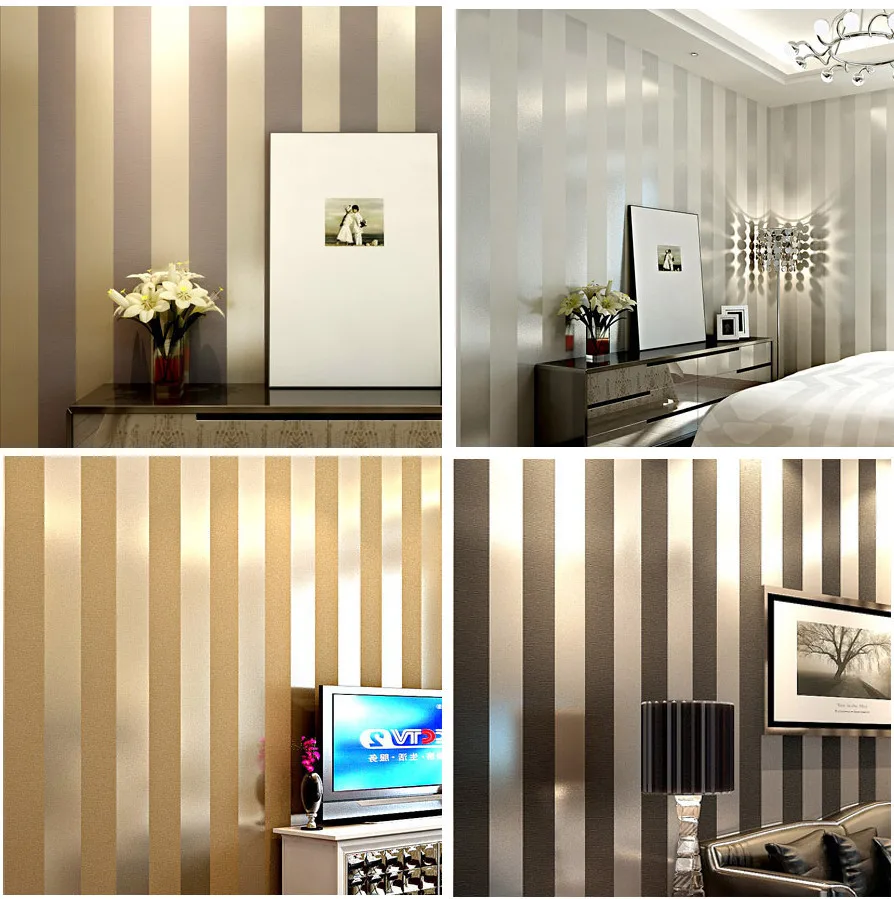 Non Woven Black White Silver Gold Glitter Striped Wallpaper Roll
