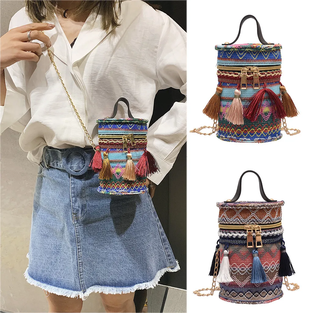 

One-shoulder Diagonal Cross Bucket Bag Hand Embroidery Embroidered Bohemian Style Fringe Decoration Diagonal Package