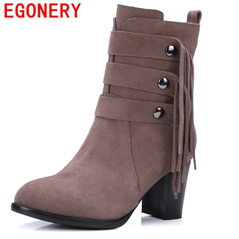 

EGONERY shoes 2017 zipper platform genuine leather women shoes square high heels winter spring dance party elegant ankle boots