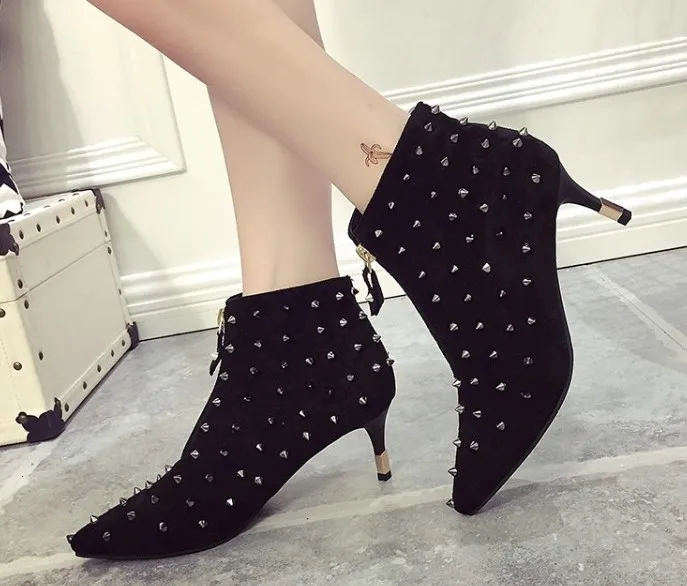 Punk Boots Gray Ankle Boots Rivets Black Pointed Designer Women Shoes Zips Women's Boots Women Ankle Boot New Fashion Autumn (12)
